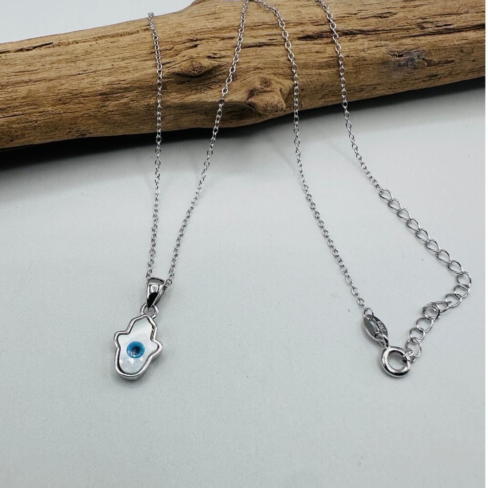 Hamsa Mother of Pearl Sterling Silver Necklace-Evil Eye Necklace